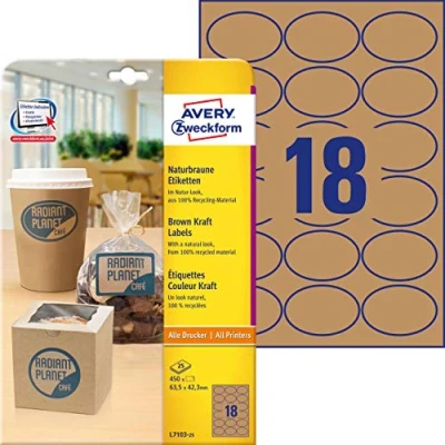 Abbildung von AVERY Zweckform L7103 25 Kraftpapier Etiketten (450 Aufkleber zum Bedrucken, 42,3x63,5mm auf A4, selbstklebend, ovale Recycling Etiketten, nachhaltige Produktaufkleber) Blatt, naturbraun