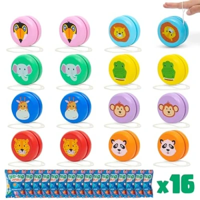 Abbildung von BONNYCO JoJo Kinder Mitgebsel Kindergeburtstag Gastgeschenke Tiere 16 Stück Holz Kleine Geschenke für Yoyo Give Aways Set Pinata Füllung