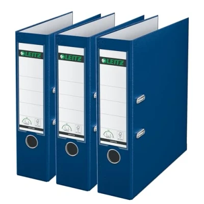 Abbildung von Leitz Qualitäts Ordner 180 Plastik, 3er Pack, das Original, A4 Aktenordner 8 cm breit, 90% Recycling Karton, 30% Pre Consumer Kunststoff, Mechanik, 600 Blatt Kapazität, Blau, 310335035