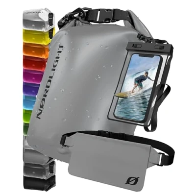 Abbildung von Nordlight wasserdichte Tasche 3er Set (Grau) Dry Bag 20l + Handyhülle Hüfttasche IPX8 Schutz Mit Verstellbaren Gurten Für Strand, Stand Up Paddling