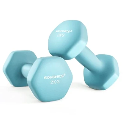 Abbildung von SONGMICS Hanteln, 2er Set, 2 x kg, Hantelset, Kurzhanteln, Hexagon, Neopren Beschichtung, Krafttraining, Workout, Fitnesstraining, für Zuhause, blassblau SYL904Q01