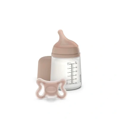 Abbildung von Suavinex, Anti Kolik Flasche + Zero Schnuller. 180 ml mit anpassbarem Sauger (A) und Neugeborenen Schnuller, Größe 2/2 Monate. Für Frühgeborene geeignet, unterstützt das Stillen, Medium