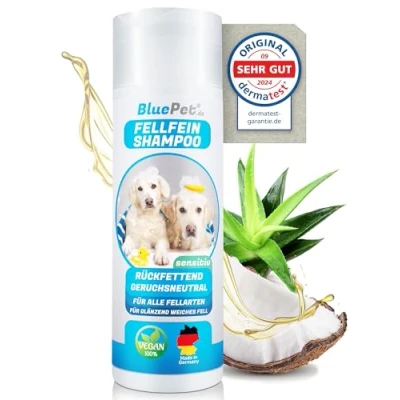 Abbildung von BluePet FellFein Hundeshampoo Sensitiv &amp; Geruchsneutral Made in Germany Rückfettendes Pflegeshampoo mit Aloe Vera Jojobaöl für glänzendes Fell leichte Kämmbarkeit = 100% Vegan (Hundeshampoo)