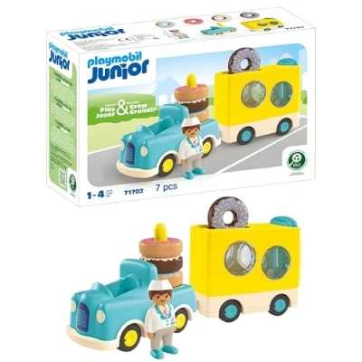 Abbildung von PLAYMOBIL JUNIOR Verrückter Donut Truck nachhaltiges Spielzeug für Kinder ab 1 Jahr mit Stapel und Sortierfunktion inkl. Vier Farbiger Donuts 71702