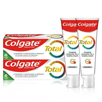 Abbildung von Colgate Zahnpasta Total Original 2x75ml Zahnreinigung für einen gesunden Mund und 12 Stunden proaktiven Zahnschutz* reinigt Zähne, Zahnfleisch, Wangen Zunge