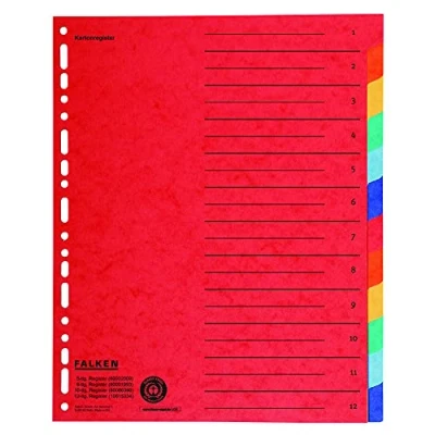 Abbildung von 20x Original Falken Karton Register überbreit für DIN A4+ 24,5 x 30 cm volle Höhe mit Organisationsdruck 12 teilig vollfarbig 2 6 Farben zur Ablage von Prospekthüllen