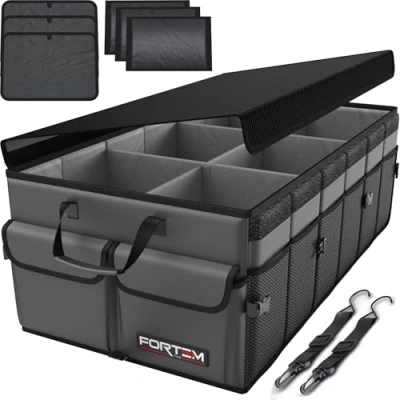 Abbildung von FORTEM Kofferraum Organizer, Kofferraumtasche, Zusammenklappbarer Auto Organizer mit Fächern, Rutschfester Boden, Verstellbare Sicherungsriemen, Klappbarer Deckel (Grau, Größe XL)