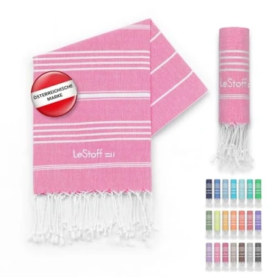 Abbildung von LeStoff Premium Hamamtuch 100% Bio Baumwolle Vorgewaschen, Nachhaltig, Saugstark &amp; Schnelltrocknend Strand, Bade, Dusch, Yoga, Spa Reise Tuch (50 x 100 cm, Pink)