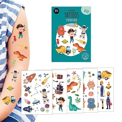 Abbildung von Hautfreundliche Kindertattoos zum Aufkleben Motiv Entdecker, Kinder Tattoo Set mit 5 Bögen, Dinosaurier Tattoos Kinder, Jungen, 100% Vegan und Hergestellt in Österreich, JEKA