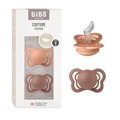 Abbildung von BIBS Couture Schnuller 2er Pack, BPA frei, Kiefergerechte Form. Silikon, Hergestellt in Dänemark. 0 6 Monate (2er Pack), Peach/Woodchuck