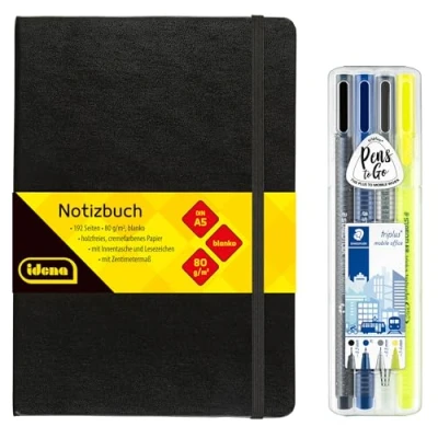 Abbildung von Idena 90330 Notizbuch DIN A5 mit 192 Seiten, blanko, inkl. STAEDTLER Triplus Mobile Office Set Fineliner, Kugelschreiber, Druckbleistift und Textmarker
