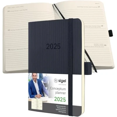 Abbildung von SIGEL C2523 Terminplaner Wochenkalender 2025, ca. A6, schwarz, Softcover, 176 Seiten, Gummiband, Stiftschlaufe, Archivtasche, aus nachhaltigem Papier, Conceptum
