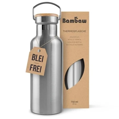 Abbildung von Bambaw Edelstahl Trinkflasche 750 ml Isolierte Thermosflasche für Sport, Büro, Schule, Outdoor Auslaufsicher &amp; ohne Plastik Langlebige Wasserflasche heiße kalte Getränke Metall Flasche