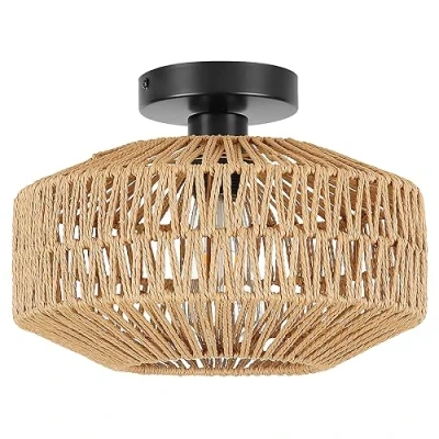 Abbildung von Deckenlampe KüChe,Boho Rattan Deckenleuchte KüChe E27 Vintage Lampe Lampenschirm Geflochten Rustikal FüR Schlafzimmer Wohnzimmer Esszimmer Flur