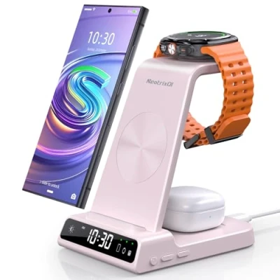 Abbildung von Wireless Charger für Samsung Galaxy S24 Ultra, Induktive ladestation Watch 6, 3 in 1 ladegerät mit Digitaluhr Z Flip 5 S23 Pro, Buds 2 Pro