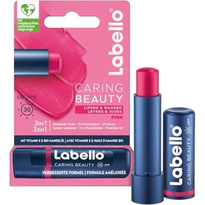 Abbildung von Labello Caring Beauty Pink Lippenpflegestift mit Farbe und Sonnenschutz, farbige Lippenpflege LSF 30, Vitamin E &amp; Bio Mandelöl, Lippenbalsam für Lippen Wangen (4,8 g)