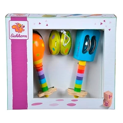 Abbildung von Eichhorn 100003484 Musik Set enthält Rassel, Maracas und Kastagnette, Bunte Musikinstrumente aus Holz, 3 teilig, ab einem Jahr