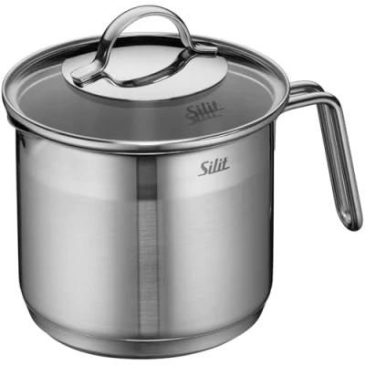 Abbildung von Silit Achat Milchtopf Induktion mit Glasdeckel 14 cm, hoher Kochtopf 1,7l, Edelstahl teilmattiert, Milchkopchtopf Induktion, unbeschichtet, backofengeeignet
