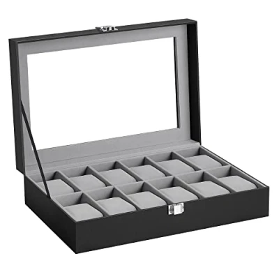 Abbildung von SONGMICS Uhrenbox mit 12 Fächern, Uhrenkasten, Glasdeckel, Uhrenkoffer herausnehmbaren Uhrenkissen, Premium Uhrenschatulle, PU Bezug in Schwarz, Samtfutter Grüngrau JWB12BK