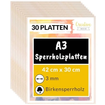 Abbildung von Creative Deco 30 x A3 Sperrholz 3 mm 420 300 (+/ 0,5 mm) Brett aus unbehandeltem Holz Birke Laserschnitt für Brandmalerei, Gravur, Cricut, Modellbau