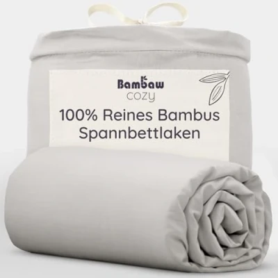 Abbildung von Bettlaken Grau Spannleintuch 140x200 cm Bambus Stoff Kühlende Spannbettlaken Hypoallergene Bettwäsche Winter und Sommer Besser Schlafen Bambaw