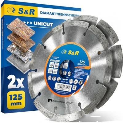 Abbildung von S&amp;R Professional Diamanttrennscheibe 125 x 22,23 mm UNICUT, 2 tlg Set für Winkelschleifer, zum Trennen von Beton, Naturstein, Ziegel, Mauerwerk, Trockenschnitt, 10mm Segmenthöhe, lange Standzeit