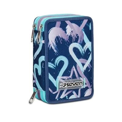 Abbildung von Seven Federmäppchen, Mäppchen, Mehrfarbig, Federtasche für Schreibwaren, Etui mit Stiften, Kugelschreiber, &amp; mehr, 3 Fächer, Mädchen Jungen, Schule Grundschule, blau Herzen