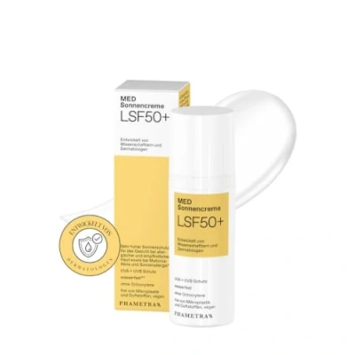 Abbildung von Phametra MED Sonnencreme LSF 50 Sehr hoher Schutz bei allergischer und empflindlicher Haut ohne Octocrylene UVA + UVB wasserfest Duftstoffe vegan Mikroplastik 50ml
