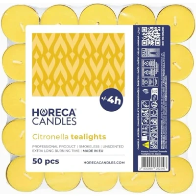 Abbildung von Horeca Candles Citronella Teelichter Set mit 50er Kerzen, Gelbe Duftkerzen 4 Stunden Brenndauer Für den Außenbereich, Balkon, Picknick, Camping