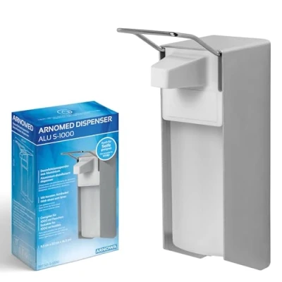 Abbildung von 1x ARNOMED Desinfektionsspender Aluminium, Seifenspender für 1000ml, kurzer Armhebel, zur Wandbefestigung, Eurospender Desinfektionsmittel, Soap Dispenser, Desinfektionsmittelspender