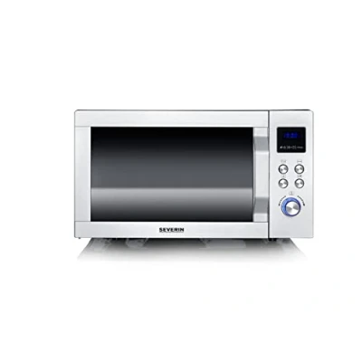 Abbildung von SEVERIN 3 in 1 Mikrowelle mit Grill und Ultra Heißluftfunktion bis 230 C, Grillen auf 2 Ebenen, flacher Glasboden statt Drehteller, XXL Nutzfläche, leichte Reinigung, 25L, Edelstahl, MW 7777