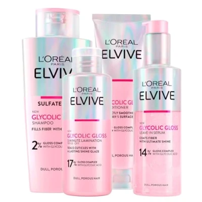 Abbildung von L&#039;OREAL Paris L&#039;Oréal Elvive Glycolic Gloss Conditioner 150 ml + Shampoo 200 Serum ohne Ausspülen Laminierbehandlung 5 Minuten à für stumpfes und poröses Haar 4 Flaschen