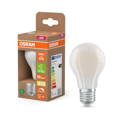 Abbildung von Osram Energy Class LED Lampe in klassischer Kolbenform, 3.8 W / 806 lm, EEK A, warmweißes Licht (2700 K), CRI 80, aus gefrostetem bleifreiem Glas, E27 Sockel, IP20, 60 mm Durchmesser, dimmbar.