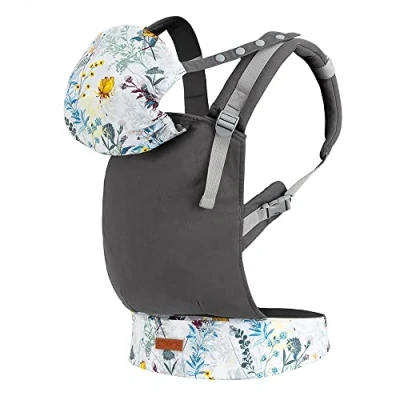 Abbildung von MOMI COLLET Babytrage ab 3 Lebensmonat für Babys und Kleinkinder bis max 20 kg Körpergewicht mit Kapuze einer Köpfchenstütze das Baby optimale Anpassung 6 Einstellpunkten