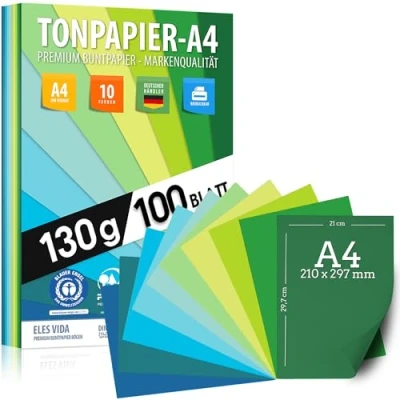 Abbildung von 100 Blatt TONPAPIER Papier DIN A4 130g/m² Set 10 Farben Bastelpapier, Farbige Blätter, Kinder &amp; DIY Zubehör Marine Grün Gras Blau Ozean BLAUER ENGEL PEFC zertifiziert MADE IN GERMANY