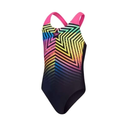 Abbildung von Speedo Girls Digital Placement Splashback Badeanzug für Kinder, Größe: 116, Black/lemon drizzle/flare pink/harlequin green