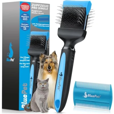 Abbildung von BluePet &quot;ZupfZeug Pro&quot; Professionelle Hundebürste Langhaar Zupfbürste für Hunde und Katzen Entfernt sanft Unterwolle, Verfilzungen &amp; Knoten
