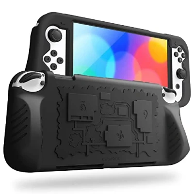 Abbildung von Fintie Hülle Kompatibel mit Nintendo Switch (OLED Modell) 2021 aus weiche Silikon rutschfeste Stoßfeste Schutzhülle 3 Spielkarten Halter, ergonomische Grip Design Griff Cover Case, Schwarz