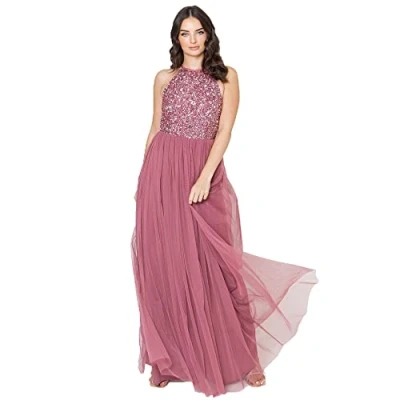 Abbildung von Maya Deluxe Damen Women&#039;s Bridesmaid Maxi Dress Halter Neck Sequin Embellished Prom Graduation Wedding Brautjungfernkleid, Desert Rose, 36 EU
