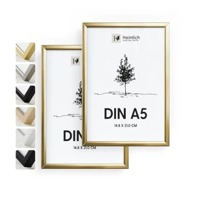 Abbildung von Heimlich® Bilderrahmen A5 14,8 x 21 cm, Aluminium, Metall, Gold, 2er Pack Diplom Poster Collage Rahmen mit Folienabdeckung Wandmontage oder Tischaufsteller