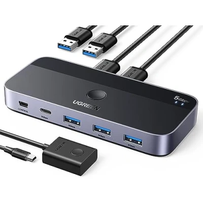 Abbildung von UGREEN USB Switch 2PC mit 1xUSB C Port und 3xUSB A Ports, 2 In 4 Out 3.0 Switcher Alugehäuse Desktop Kontroller, auf Kabeln für Tastatur, Maus, Drucker, Scanner, Stick usw.