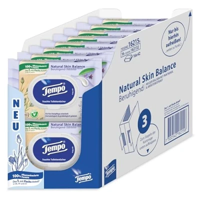 Abbildung von Tempo Feuchte Toilettentücher Natural Skin Balance 16 Packungen Mit je 42 Tüchern Panthenol und Kräuterextrakt Herunterspülbar