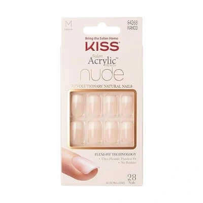 Abbildung von KISS Salon Acrylic French Nude Collection, Cashmere, mittel kurze künstliche Fingernägel in ovaler Form, enthält 28 Nägel, Nagelkleber, Nagelfeile und Manikürstäbchen