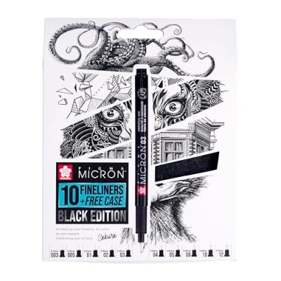 Abbildung von Sakura Pigma Micron Fineliners 10er Set + Etui Wasserfeste schwarze Tinte, verschiedene Größen Stifte zum Schreiben, Zeichnen &amp; Journaling