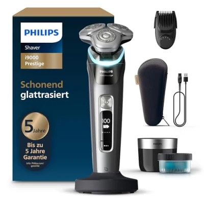 Abbildung von Philips Rasierer i9000 Prestige, Nass und Trockenrasierer für Männer mit integriertem Trimmer, dunkelgrau, Drucksensor, Reinigungsstation, 5+1 Bartstyler, Ladestation Reiseetui (Modell XP9202/33)