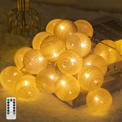Abbildung von Ciskotu Baumwollkugeln Lichterkette, 20 LED USB Dimmbar Cotton Ball Lichterkette mit Fernbedienung und Timer, Kugeln Innen für Kinderzimmer Weihnachten Hochzeit Party (Weiß)