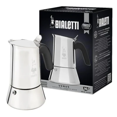 Abbildung von Bialetti New Venus Induction, Edelstahl Herd Espresso Kaffeemaschine, Geeignet für Alle Herdarten, 10 Tassen (460ml), Aluminium, Silber