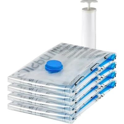 Abbildung von Amazon Basics Vakuum Kompressionsbeutel, Aufbewahrungsbeutel, mit Handpumpe, Reißverschluss, Größe X Jumbo, 4 er Pack, für Kleidung, Transparent