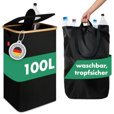 Abbildung von Blumtal Pfandflaschen Sammelbehälter 100L Bambus Organizer mit Tasche Behälter Leergut Loch Schwarz