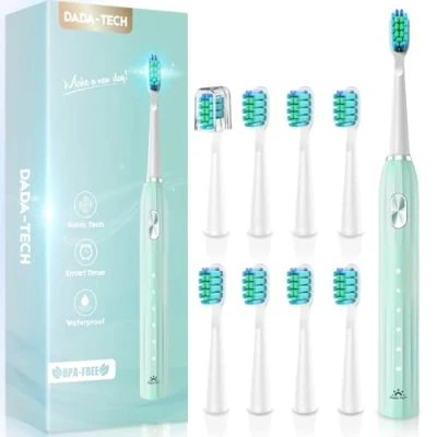 Abbildung von Electric Toothbrush, Elektrische Zahnbürste Schallzahnbürste mit 90% Abgerundeten Borsten 5 Putzmodi Integrierter Timer und 9 Zahnbürstenköpfen Ultraschall Zahnbürsten (Grün)